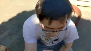Sucking dick outdoor. Cum in my mouth.